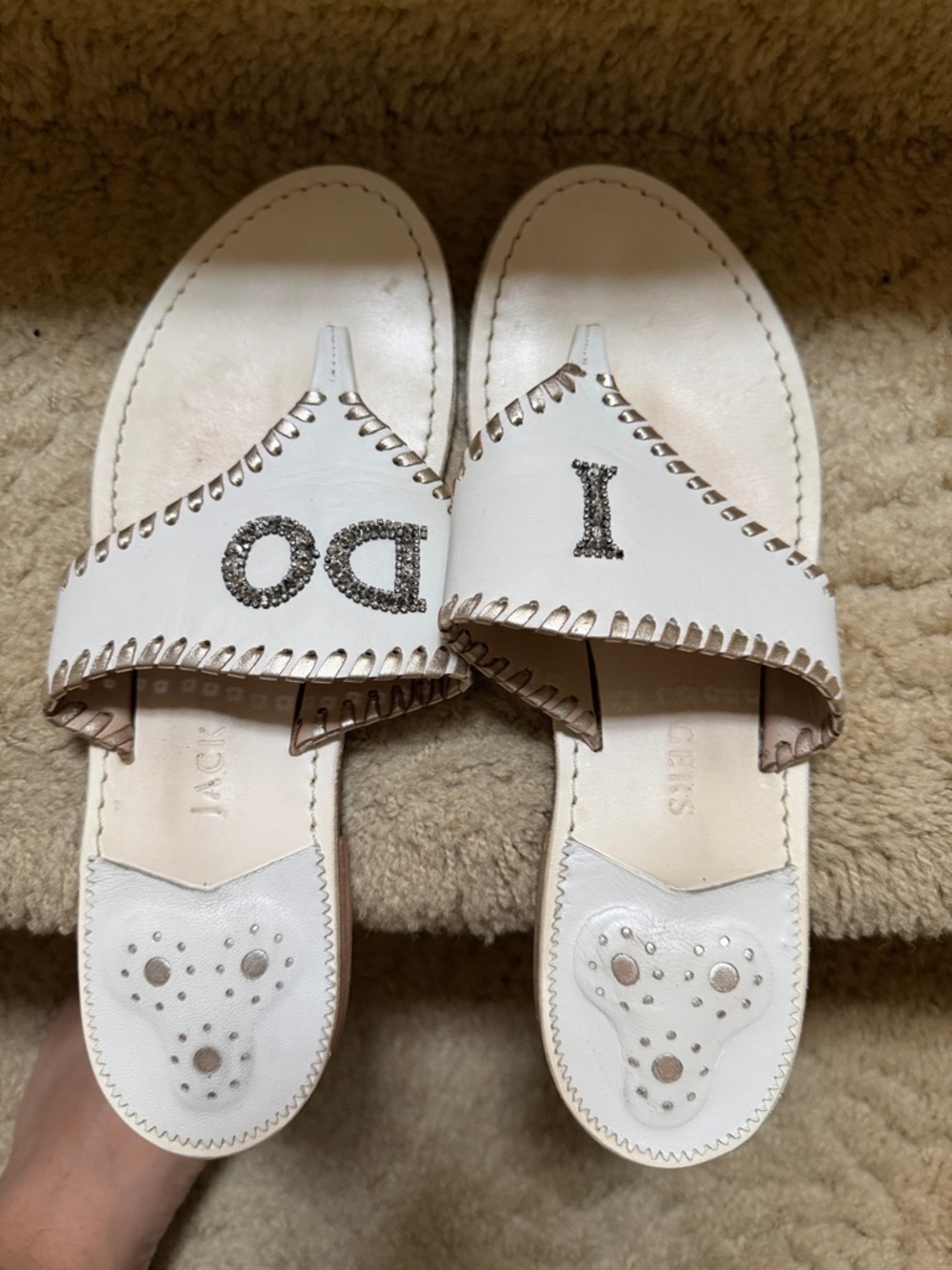 Jack Rogers White Leather Slip-On Mules with Crystal 'I' and 'DO' Detail
